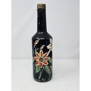 Hand Painted Black Bottle Flowers Artist Signed Decorative